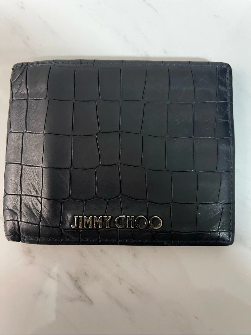 Jimmy Choo Black Croc-Embossed Leather Bi-Fold Wallet